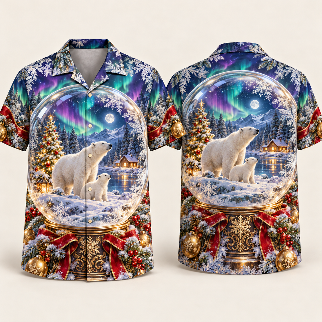Digital mockup: front and back of one AlohaVero Christmas Polar Bear Northern Lights Snowglobe No Pocket Hawaiian shirt