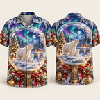 Digital mockup: front and back of one AlohaVero Christmas Polar Bear Northern Lights Snowglobe No Pocket Hawaiian shirt