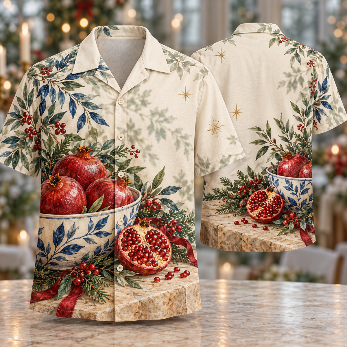 Digital mockup: front and back of one AlohaVero Christmas Pomegranate Cobalt Ceramic Bowl No Pocket Hawaiian shirt