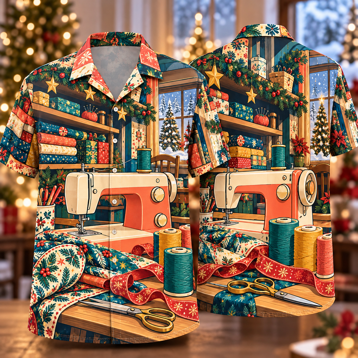 Digital mockup: front and back of one AlohaVero Christmas Pop Art Sewing Machine Coral Teal Mustard No Pocket Hawaiian shirt
