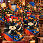 Digital mockup: front and back of one AlohaVero Christmas Pop Art Vinyl Turntable Cobalt Tangerine Cherry No Pocket Hawaiian shirt