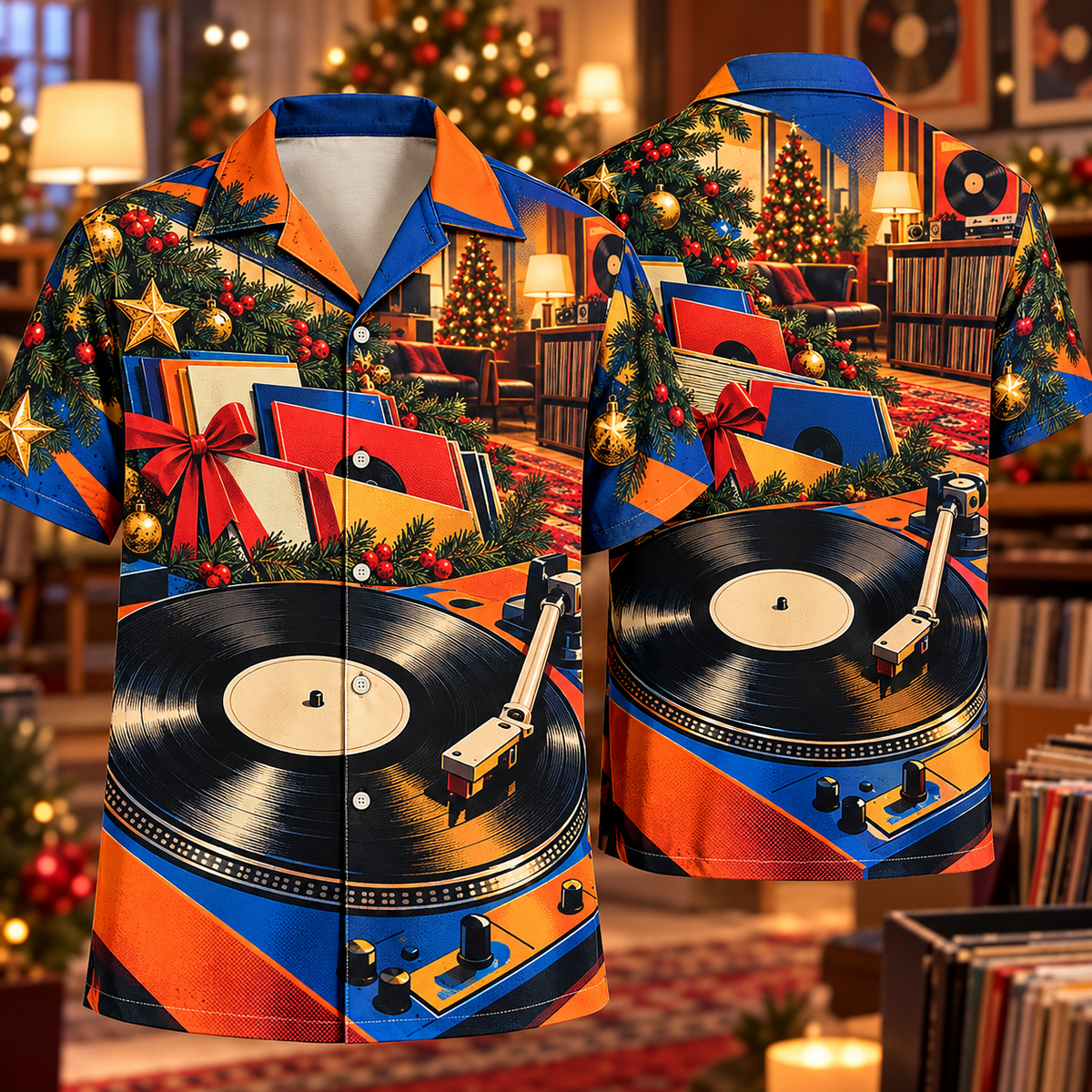 Digital mockup: front and back of one AlohaVero Christmas Pop Art Vinyl Turntable Cobalt Tangerine Cherry No Pocket Hawaiian shirt