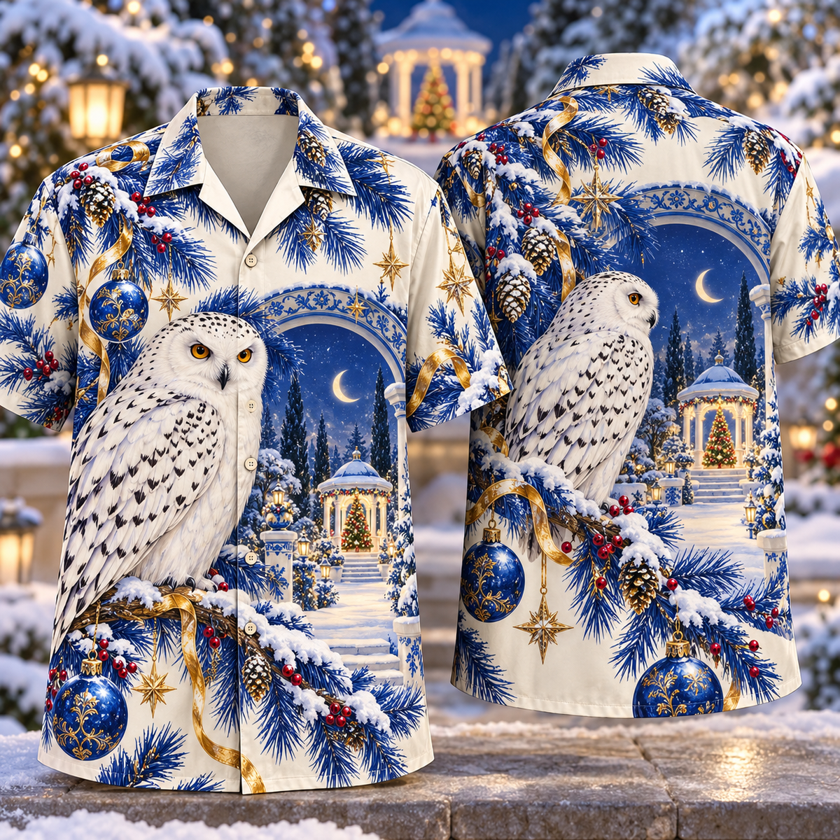 Digital mockup: front and back of one AlohaVero Christmas Porcelain Illusion Snowy Owl Cobalt Ivory Moon Garden No Pocket Hawaiian shirt