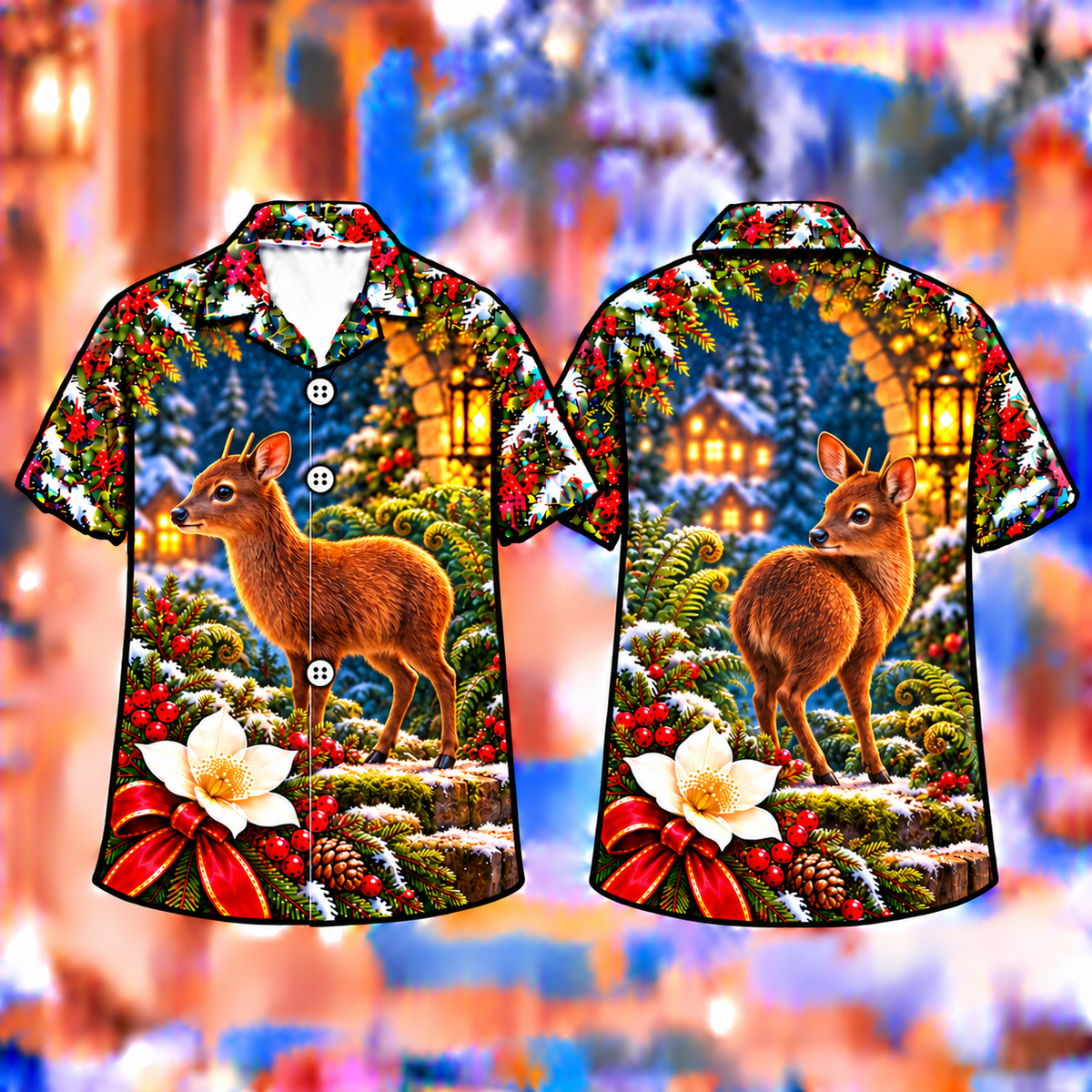 Digital mockup: front and back of one AlohaVero Christmas Pudu Lantern Fern Garden Print No Pocket Hawaiian shirt