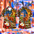 Digital mockup: front and back of one AlohaVero Christmas Pudu Lantern Fern Garden Print No Pocket Hawaiian shirt