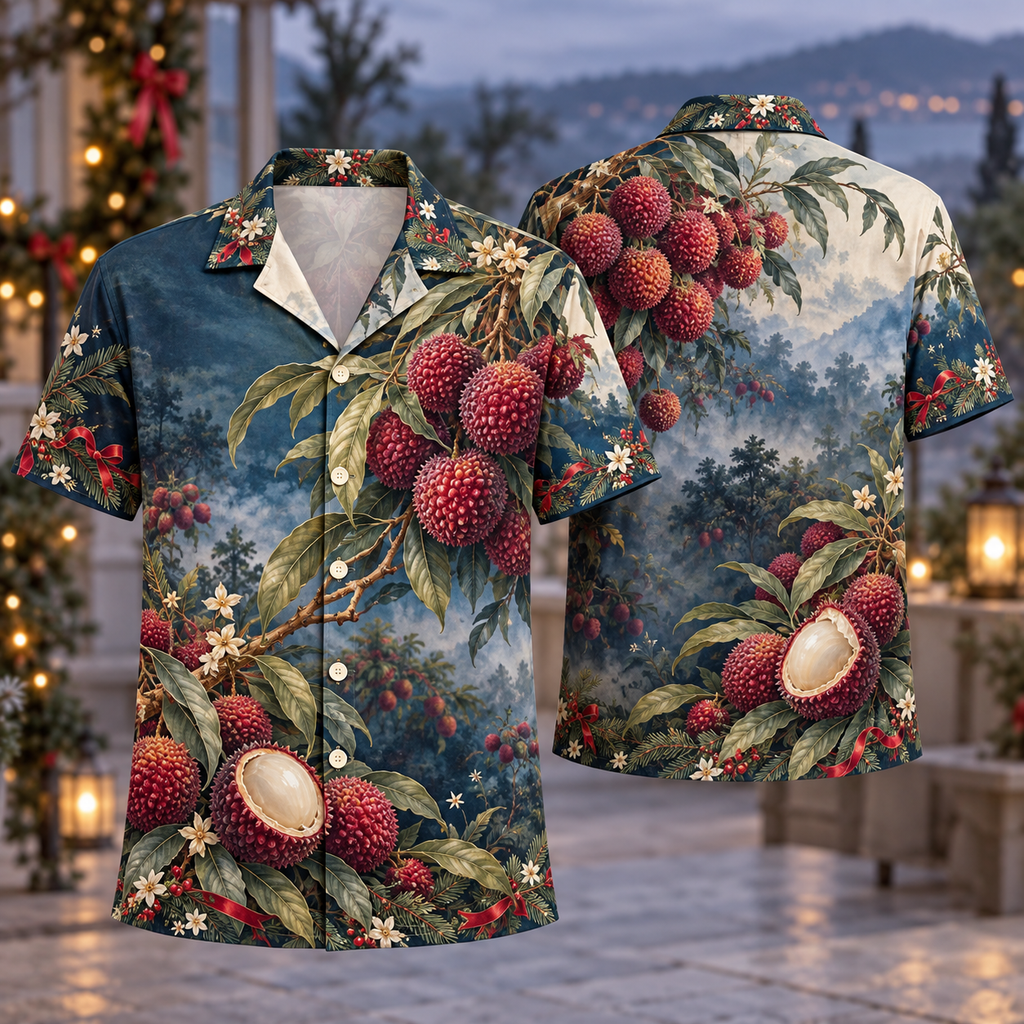 Digital mockup: front and back of one AlohaVero Christmas Pulasan Ruby Petrol Orchard No Pocket Hawaiian shirt