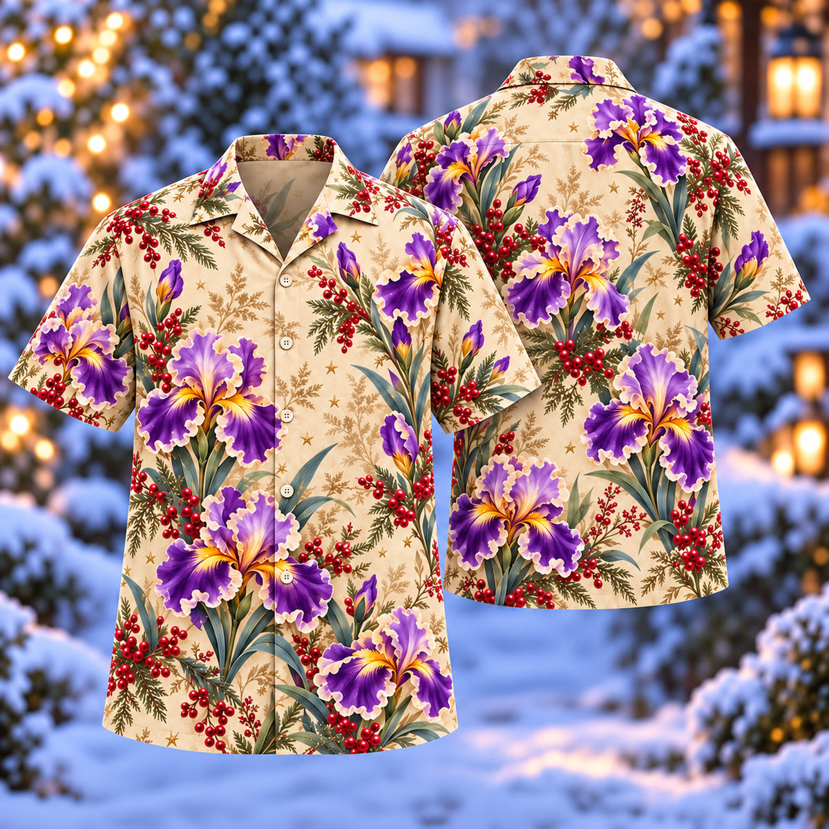 Digital mockup: front and back of one AlohaVero Christmas Purple Iris Sandstone Aloha No Pocket Hawaiian shirt