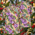Digital mockup: front and back of one AlohaVero Christmas Purple Jacaranda Sand Aloha No Pocket Hawaiian shirt