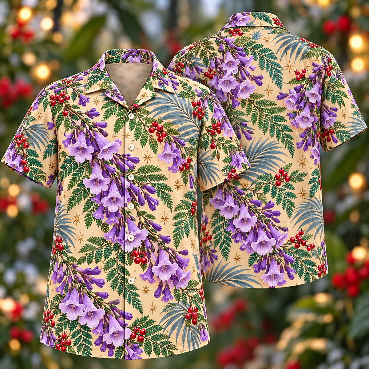 Digital mockup: front and back of one AlohaVero Christmas Purple Jacaranda Sand Aloha No Pocket Hawaiian shirt