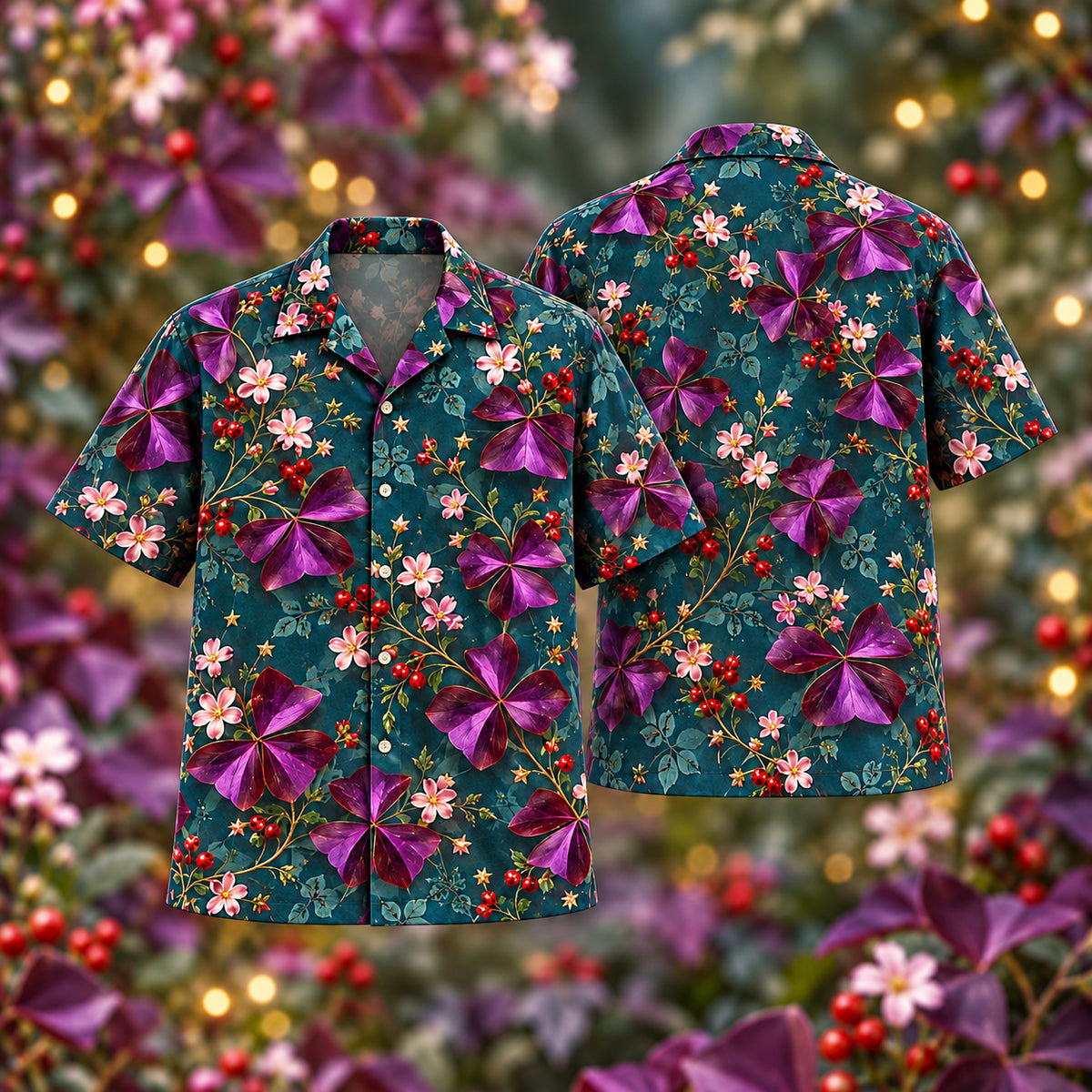 Digital mockup: front and back of one AlohaVero Christmas Purple Oxalis Teal Aloha No Pocket Hawaiian shirt