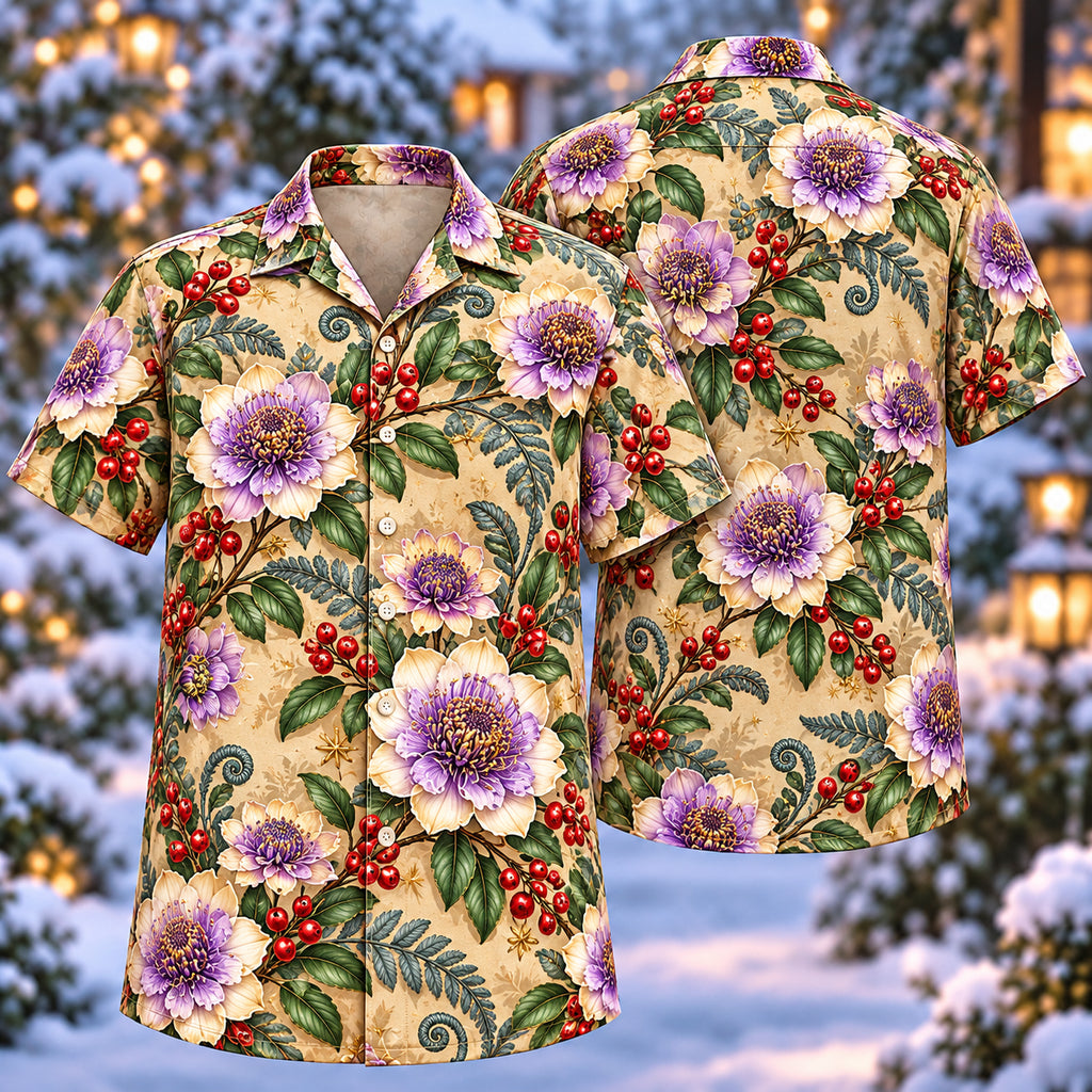 Digital mockup: front and back of one AlohaVero Christmas Purple Scabiosa Sand Aloha No Pocket Hawaiian shirt