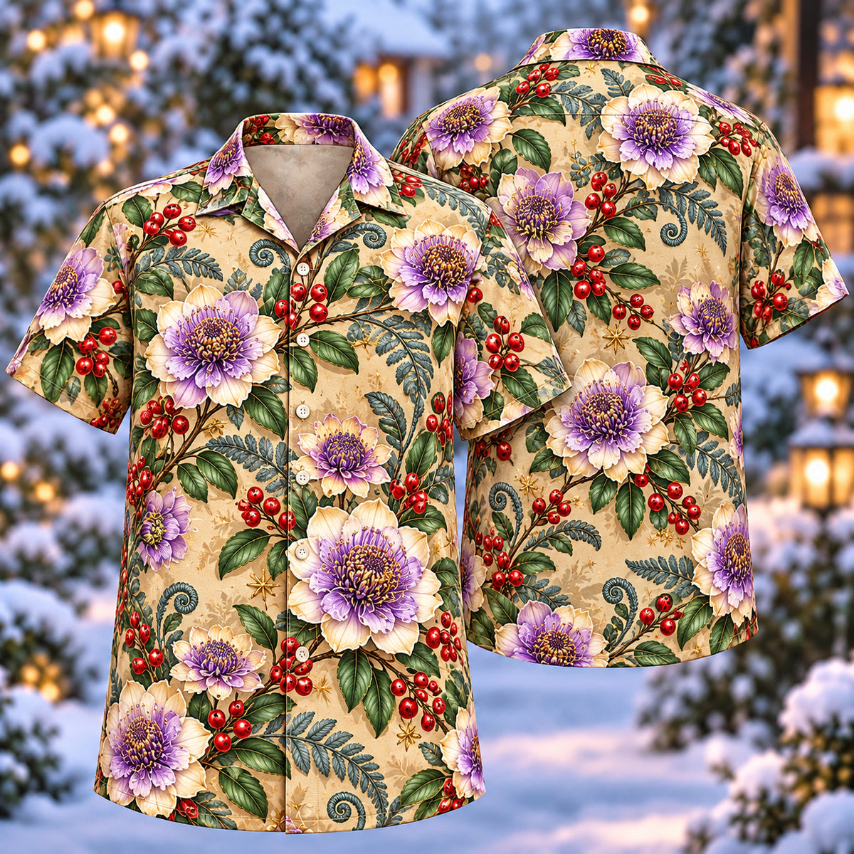 Digital mockup: front and back of one AlohaVero Christmas Purple Scabiosa Sand Aloha No Pocket Hawaiian shirt