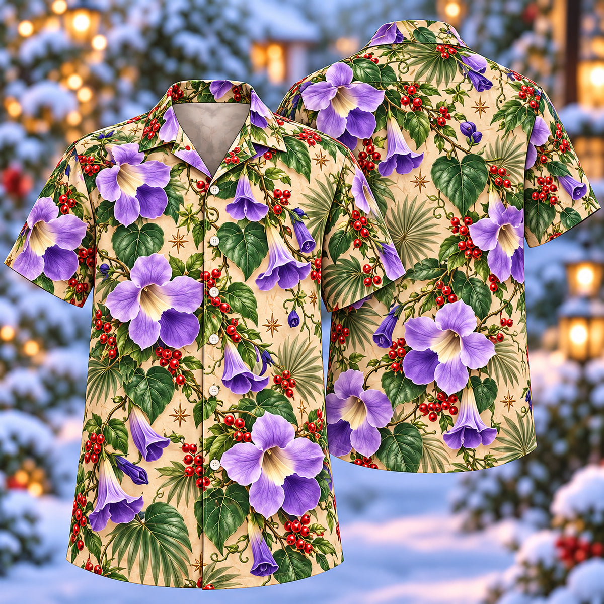 Digital mockup: front and back of one AlohaVero Christmas Purple Thunbergia Sand Aloha No Pocket Hawaiian shirt