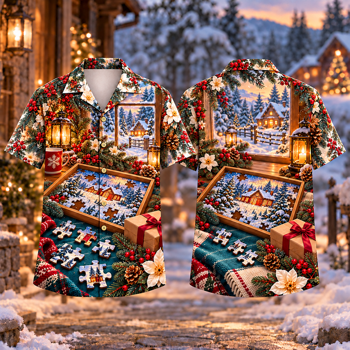 Digital mockup: front and back of one AlohaVero Christmas Puzzle Homecoming Table Print No Pocket Hawaiian shirt