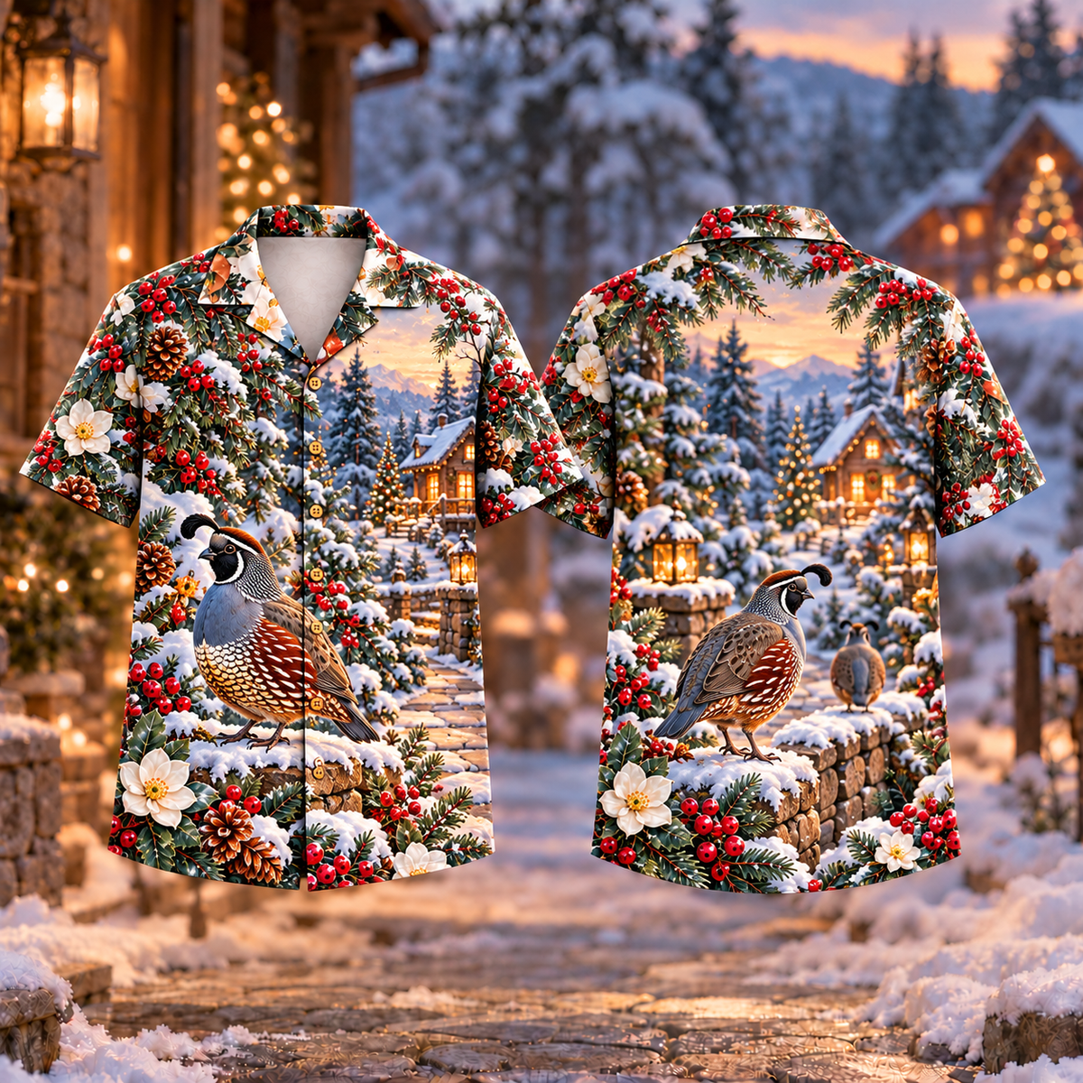 Digital mockup: front and back of one AlohaVero Christmas Quail Garden Stroll Print No Pocket Hawaiian shirt