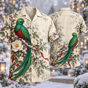 Christmas Quetzal Ivory Camellia Sage Hawaiian Shirt