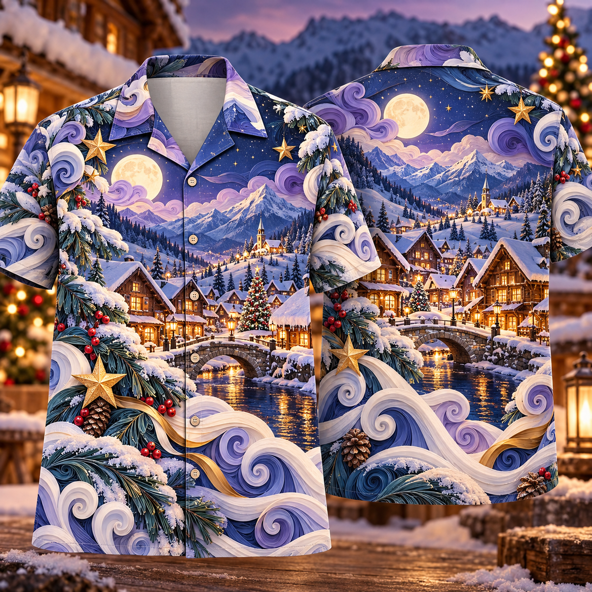 Digital mockup: front and back of one AlohaVero Christmas Quilling Alpine Village Moon Sapphire Lilac Cream No Pocket Hawaiian shirt
