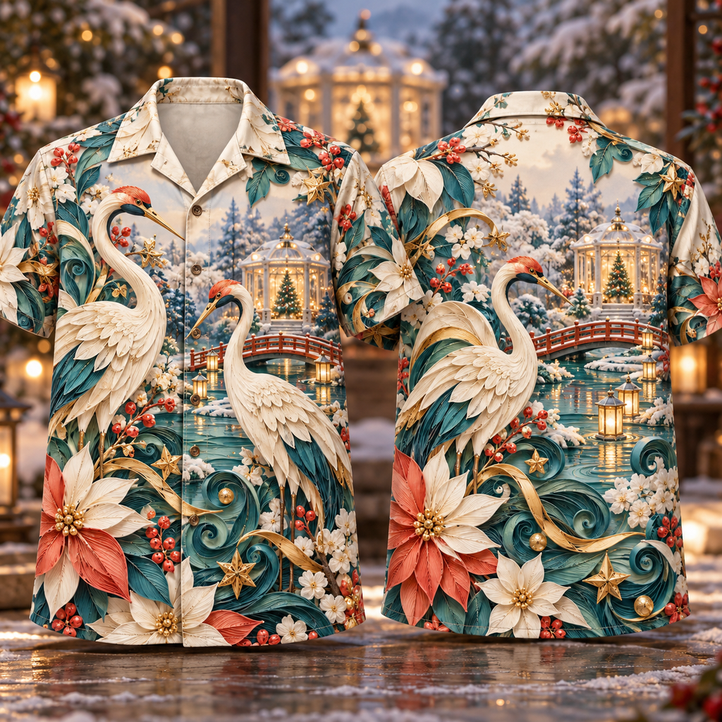 Digital mockup: front and back of one AlohaVero Christmas Quilling Crane Winter Garden Ivory Teal Coral No Pocket Hawaiian shirt