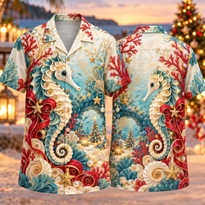 Christmas Quilling Illusion Seahorse Ivory Aqua Gold Winter Reef Hawaiian Shirt