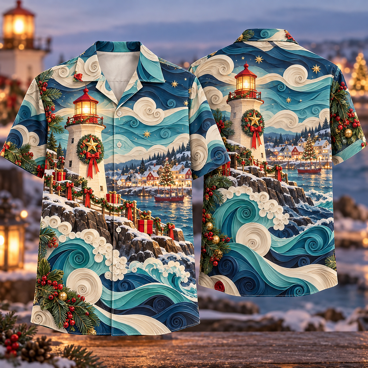 Digital mockup: front and back of one AlohaVero Christmas Quilling Lighthouse Coastal Village Aqua Coral Ivory No Pocket Hawaiian shirt