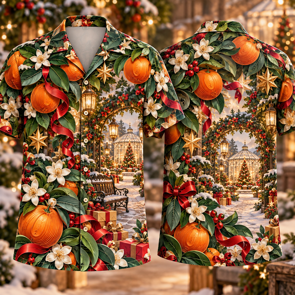 Digital mockup: front and back of one AlohaVero Christmas Quilling Orange Orchard Copper Jade Ivory No Pocket Hawaiian shirt