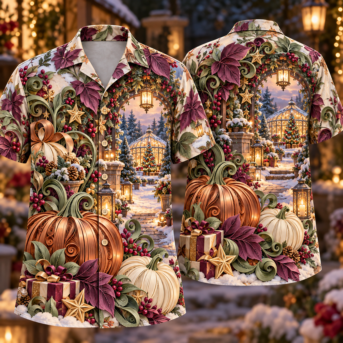 Digital mockup: front and back of one AlohaVero Christmas Quilling Pumpkin Lantern Garden Copper Sage Plum No Pocket Hawaiian shirt
