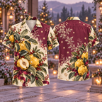 Digital mockup: front and back of one AlohaVero Christmas Quince Gold Sage Plum No Pocket Hawaiian shirt