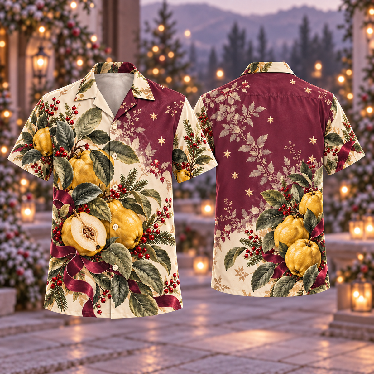 Digital mockup: front and back of one AlohaVero Christmas Quince Gold Sage Plum No Pocket Hawaiian shirt