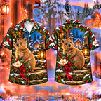 Digital mockup: front and back of one AlohaVero Christmas Quokka Lantern Welcome Print No Pocket Hawaiian shirt