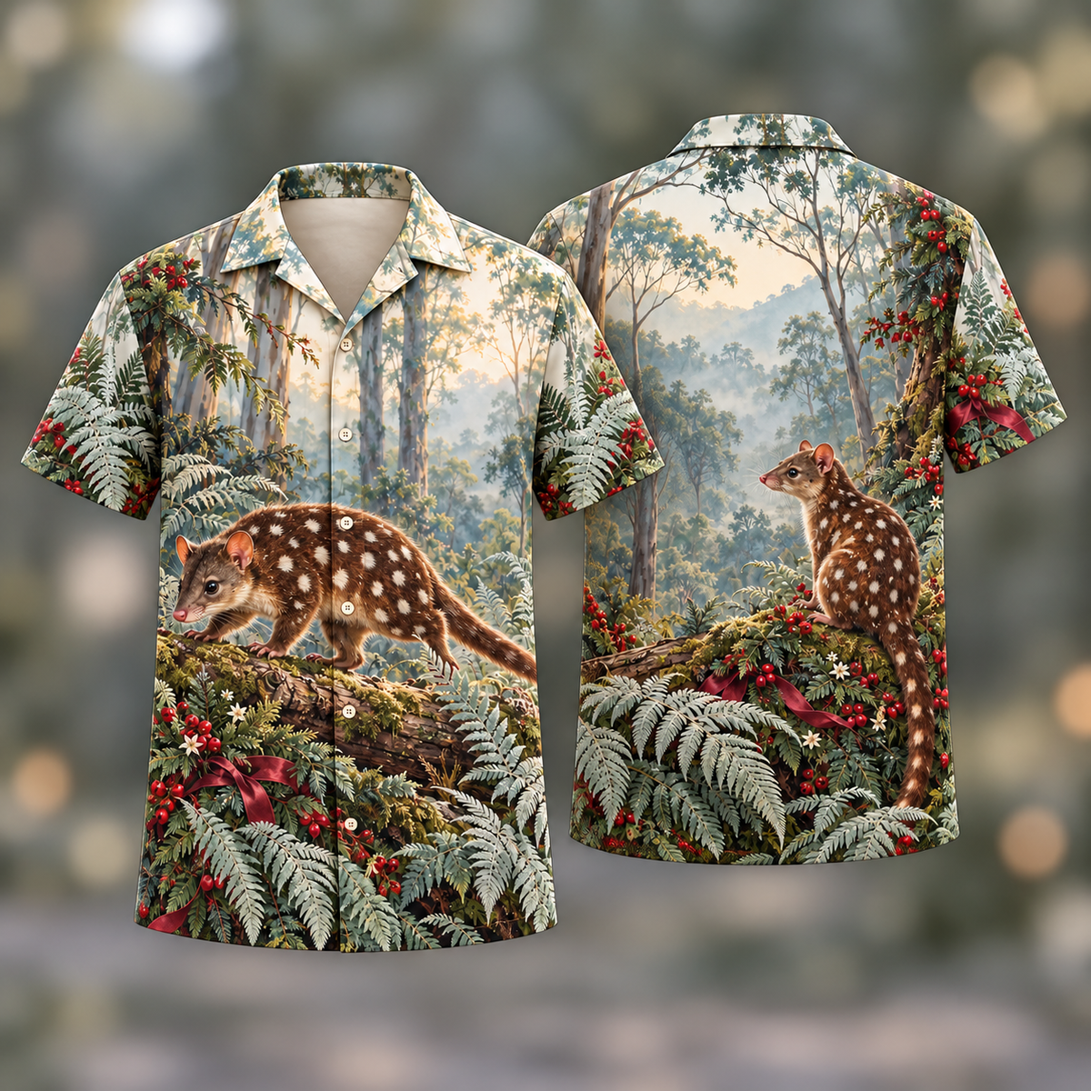 Digital mockup: front and back of one AlohaVero Christmas Quoll Sage Fern Woodland No Pocket Hawaiian shirt