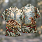 Digital mockup: front and back of one AlohaVero Christmas Quoll Sage Fern Woodland No Pocket Hawaiian shirt