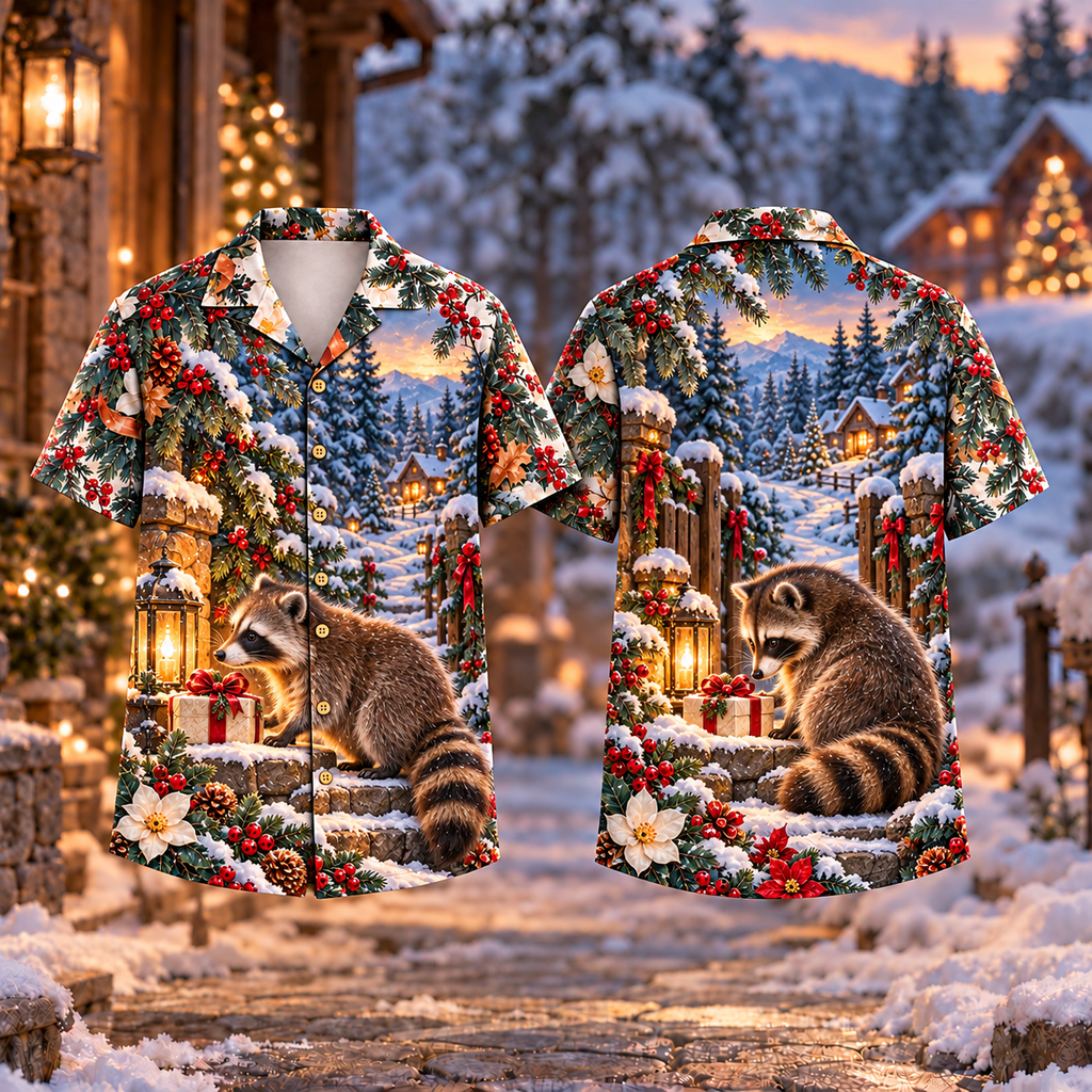 Digital mockup: front and back of one AlohaVero Christmas Raccoon Lantern Surprise Print No Pocket Hawaiian shirt