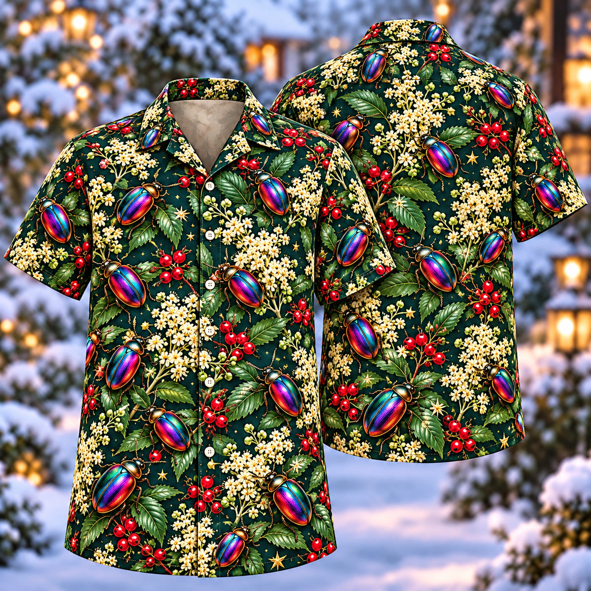 Digital mockup: front and back of one AlohaVero Christmas Rainbow Leaf Beetle Meadowsweet Aloha No Pocket Hawaiian shirt