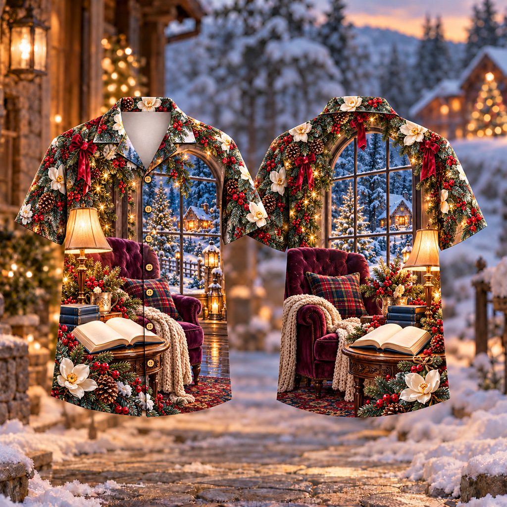Digital mockup: front and back of one AlohaVero Christmas Reading Nook Book Print Ink Plum No Pocket Hawaiian shirt