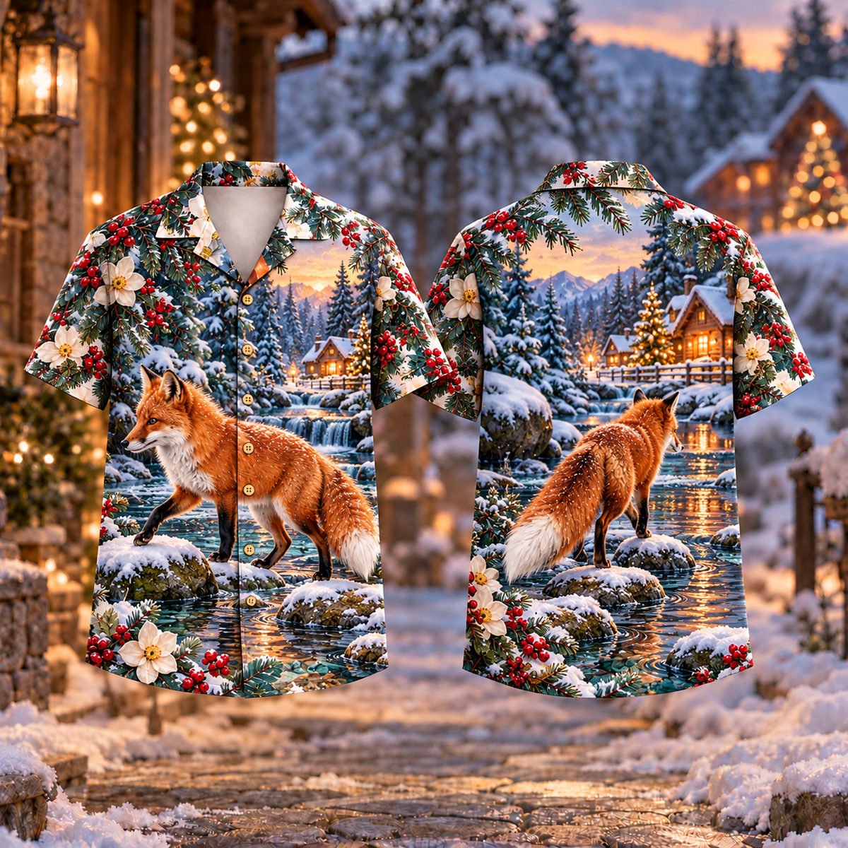 Digital mockup: front and back of one AlohaVero Christmas Red Fox Stepping Stones Print No Pocket Hawaiian shirt