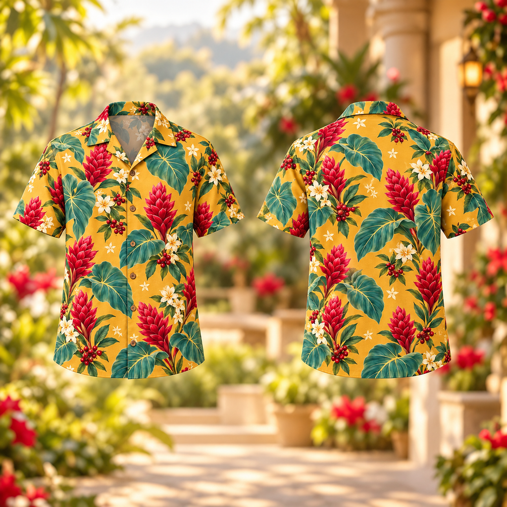 Digital mockup: front and back of one AlohaVero Christmas Red Ginger Taro Saffron Aloha No Pocket Hawaiian shirt