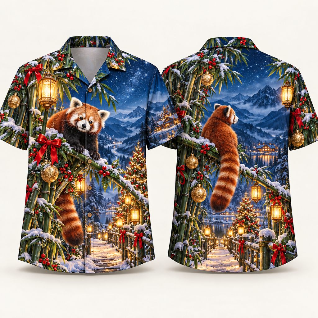 Digital mockup: front and back of one AlohaVero Christmas Red Panda Bamboo Lantern Valley No Pocket Hawaiian shirt