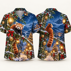 Digital mockup: front and back of one AlohaVero Christmas Red Panda Bamboo Lantern Valley No Pocket Hawaiian shirt