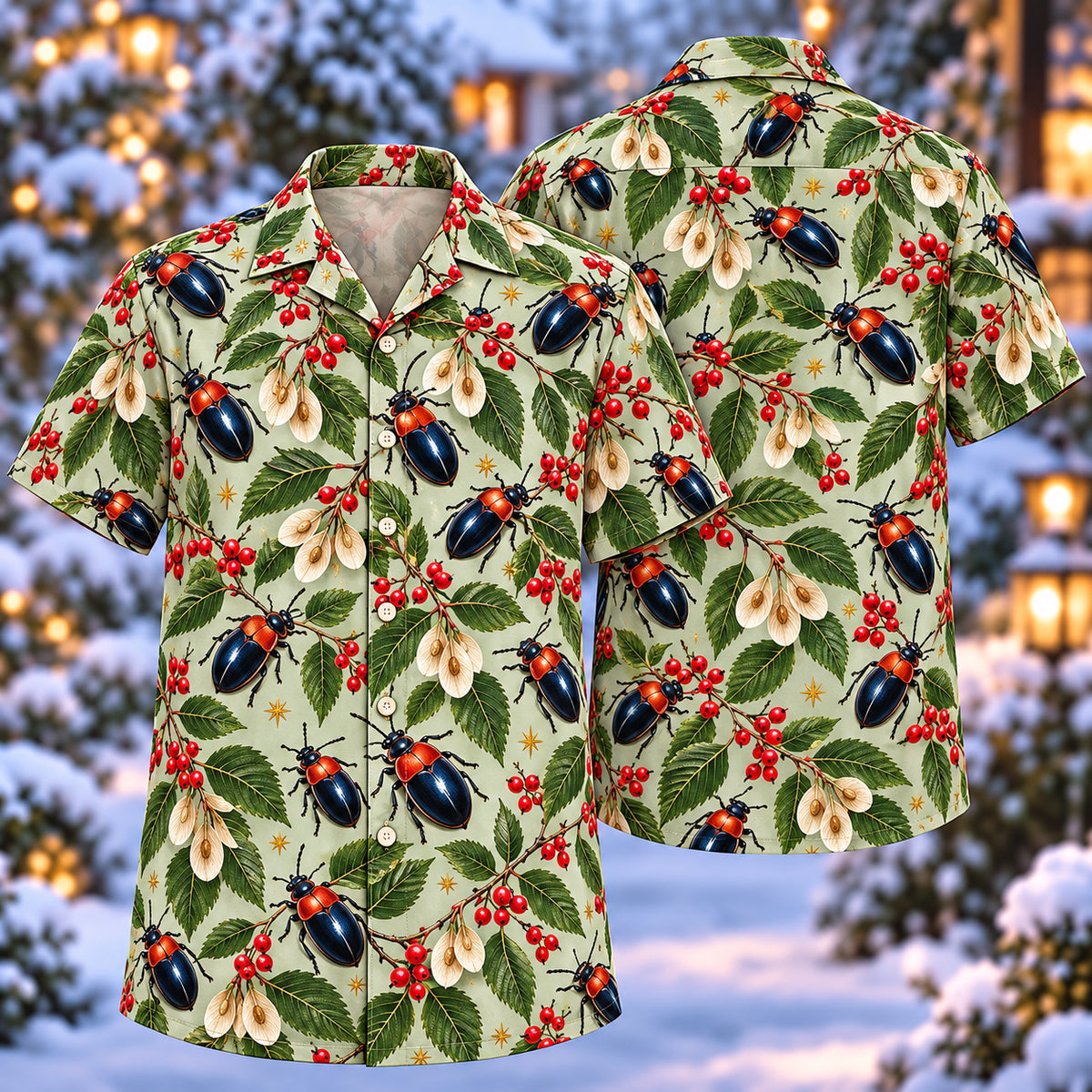 Digital mockup: front and back of one AlohaVero Christmas Red Shoulder Leaf Beetle Elm Aloha No Pocket Hawaiian shirt