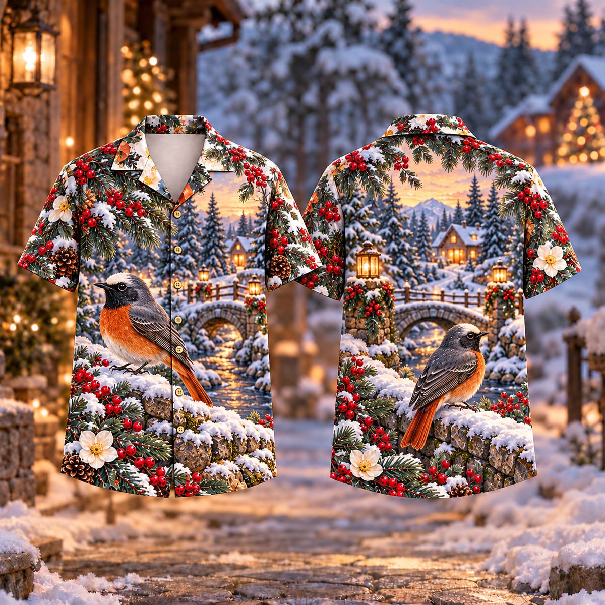 Digital mockup: front and back of one AlohaVero Christmas Redstart Stonebridge Pause Print No Pocket Hawaiian shirt