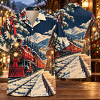 Digital mockup: front and back of one AlohaVero Christmas Retro Alpine Railway Station Crimson Navy Cream No Pocket Hawaiian shirt