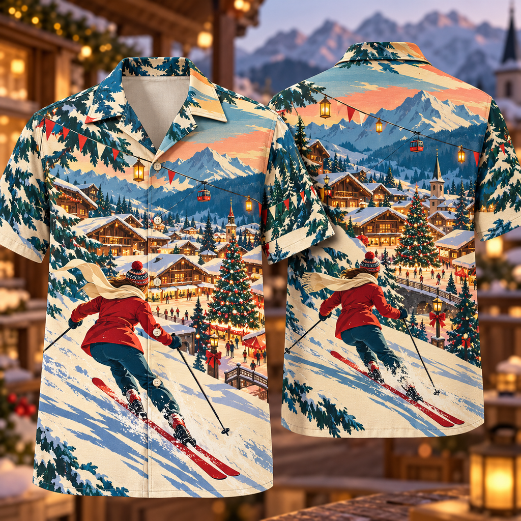 Digital mockup: front and back of one AlohaVero Christmas Retro Alpine Ski Village Ruby Mustard Petrol No Pocket Hawaiian shirt