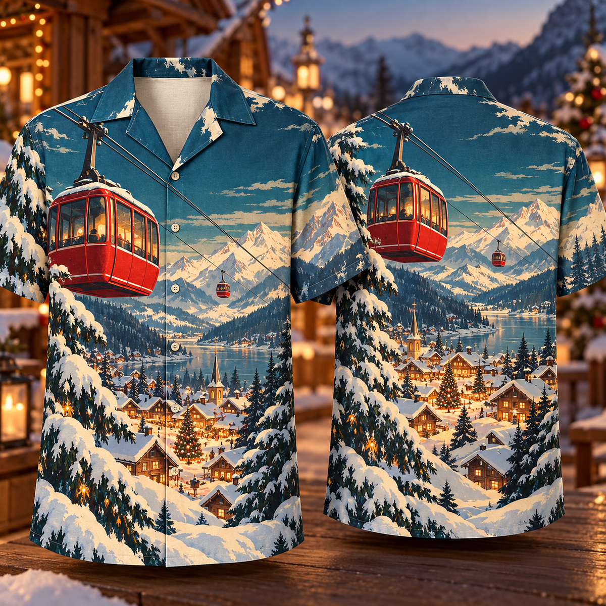Digital mockup: front and back of one AlohaVero Christmas Retro Cable Car Alpine Village Crimson Petrol Cream No Pocket Hawaiian shirt