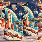 Digital mockup: front and back of one AlohaVero Christmas Retro Futurist Rocket Snow Planet Aqua Coral Golden Stars No Pocket Hawaiian shirt