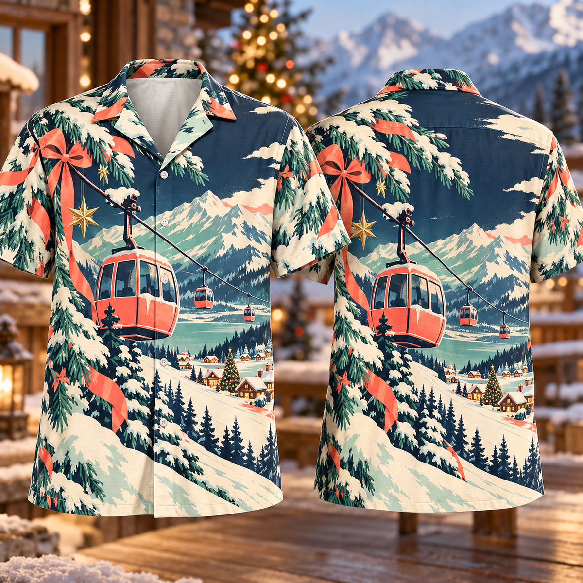 Digital mockup: front and back of one AlohaVero Christmas Retro Ski Gondola Mountain Coral Mint Navy No Pocket Hawaiian shirt