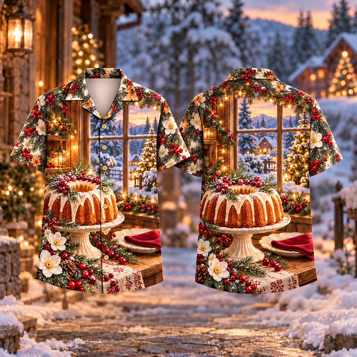 Digital mockup: front and back of one AlohaVero Christmas Ring Cake Bakery Print Caramel Cranberry No Pocket Hawaiian shirt