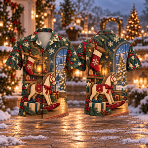 Christmas Rocking Horse Stockings Cranberry Petrol Cream Hawaiian Shirt