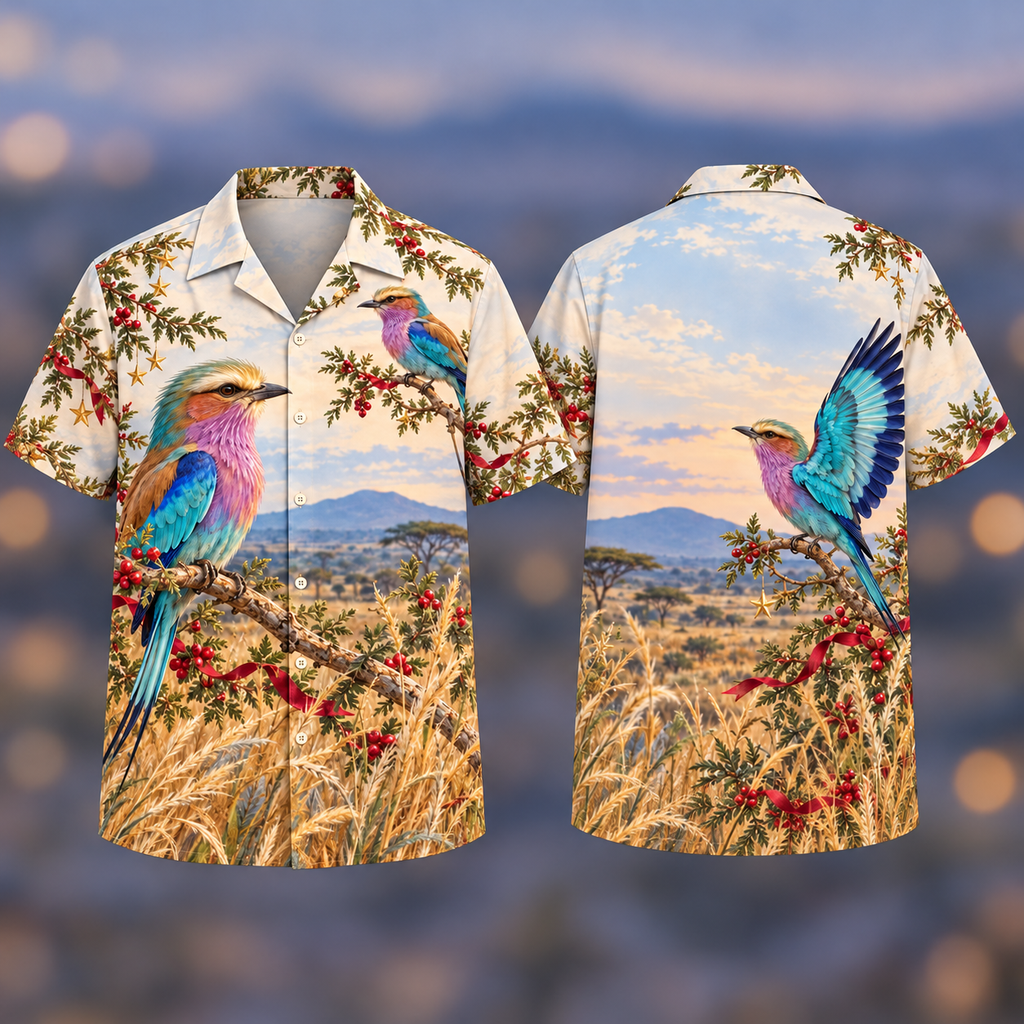 Digital mockup: front and back of one AlohaVero Christmas Roller Lilac Turquoise Savanna No Pocket Hawaiian shirt