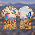 Digital mockup: front and back of one AlohaVero Christmas Roller Lilac Turquoise Savanna No Pocket Hawaiian shirt