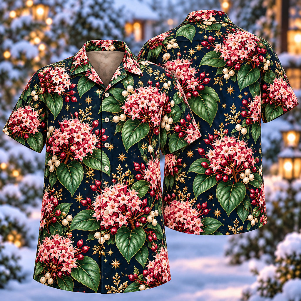Digital mockup: front and back of one AlohaVero Christmas Rose Cashmere Bouquet Navy Aloha No Pocket Hawaiian shirt